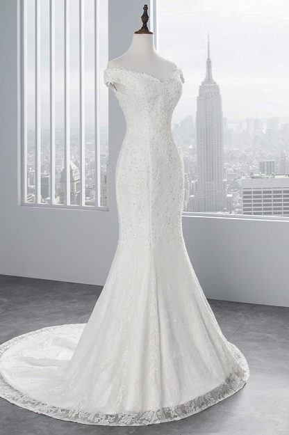 BMbridal Elegant Lace Off-the-Shoulder White Mermaid Wedding Dresses Affordable Online