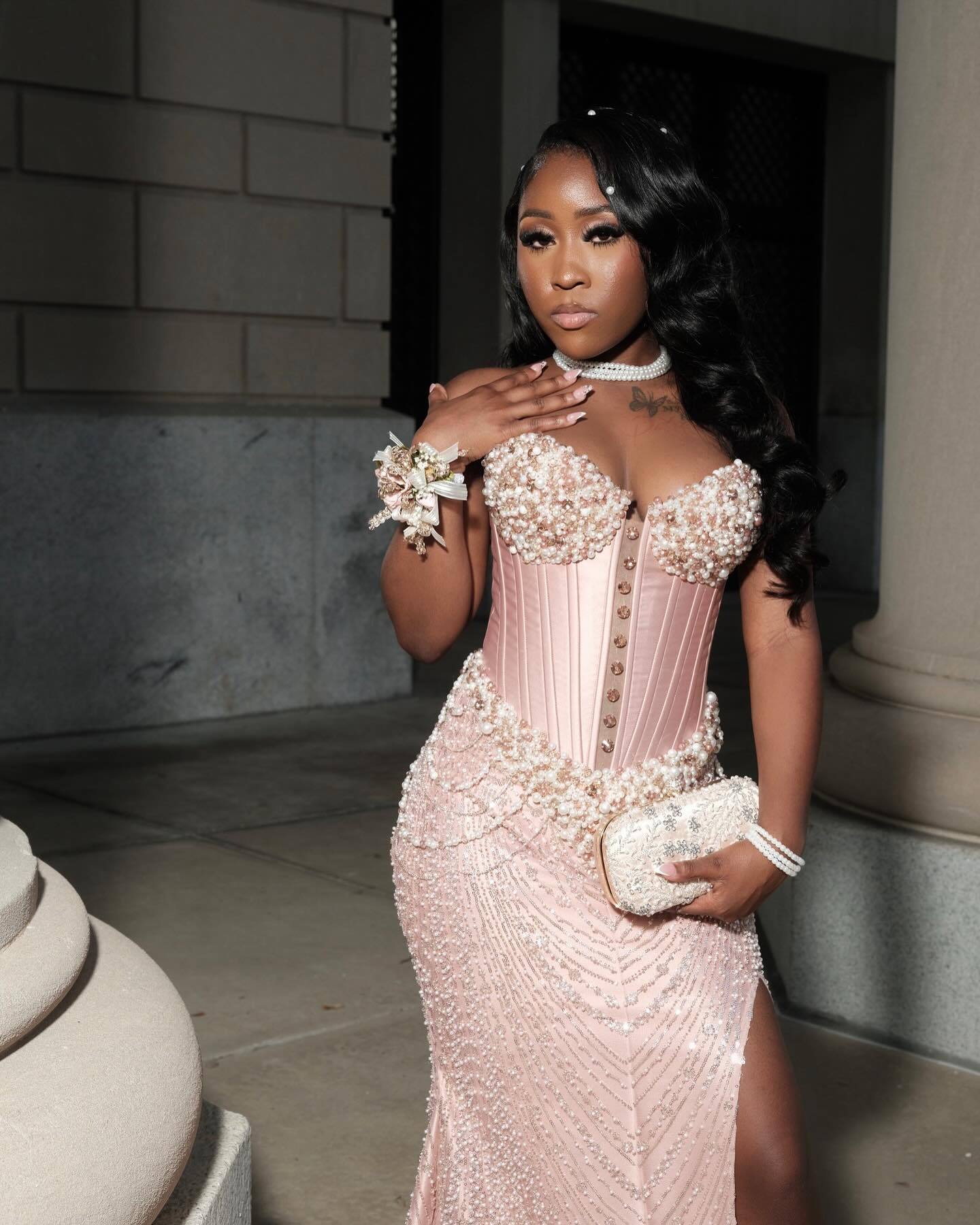 Pearl Perfection - Beaded Corset Mermaid Prom Dress with Detachable Sleeves