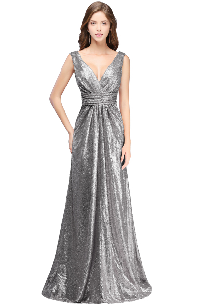 BMbridal Elegant A-line Open Back Sequins Sleeveless V-neck Evening Dress