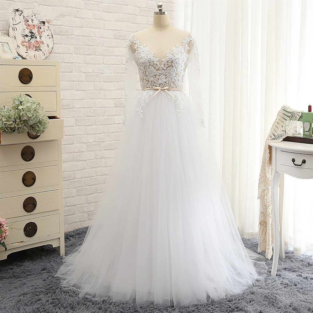 BMbridal Affordable White Tulle Ruffles Lace Wedding Dresses Jewel Longsleeves Bridal Gowns With Appliques On Sale-BMbridal