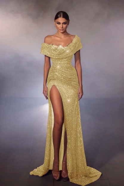 Off the Shoulder Sleeveless Long Split Prom Dress With Beading