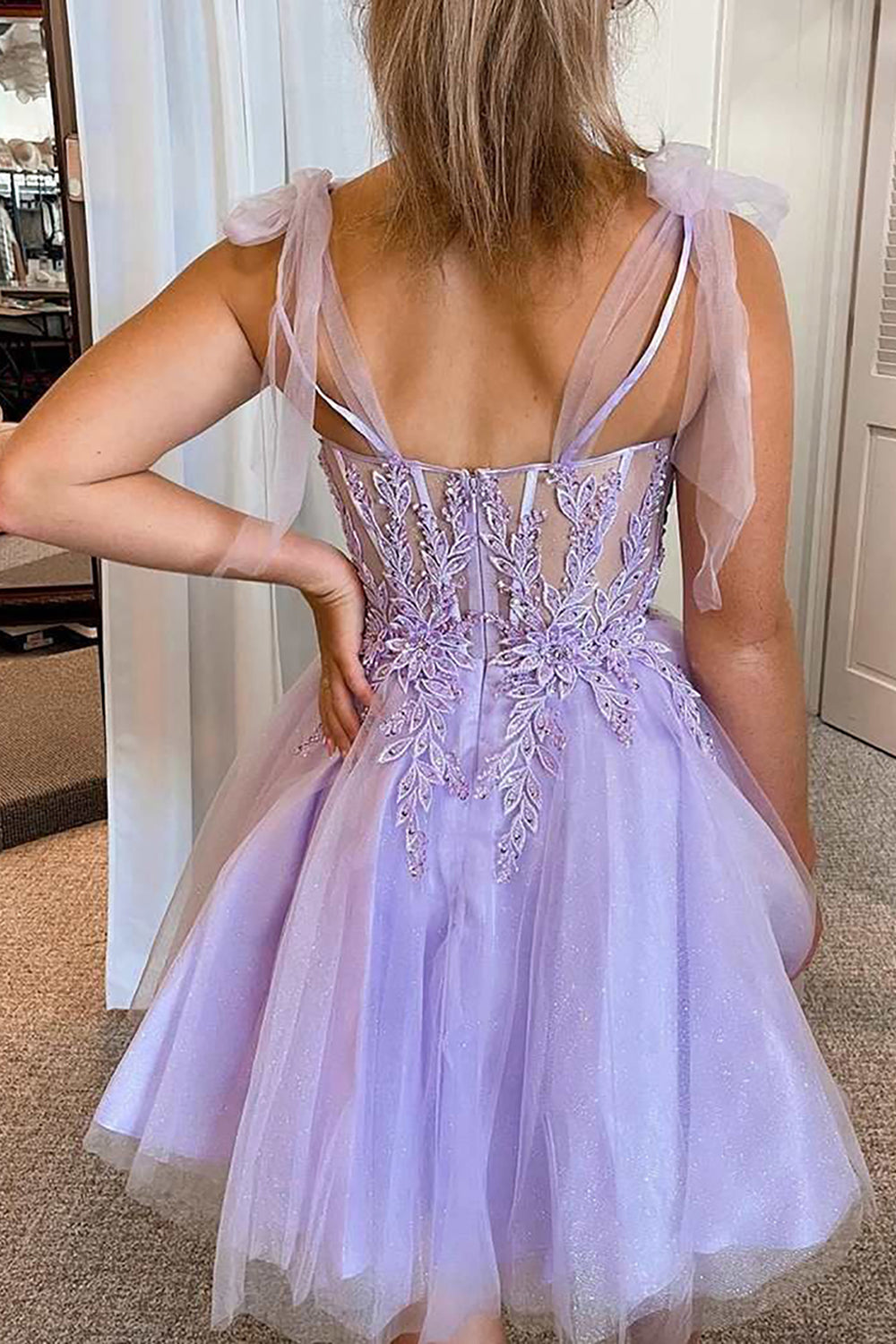 Purple Corset A-Line Tulle Short Homecoming Dress with Lace-BMbridal