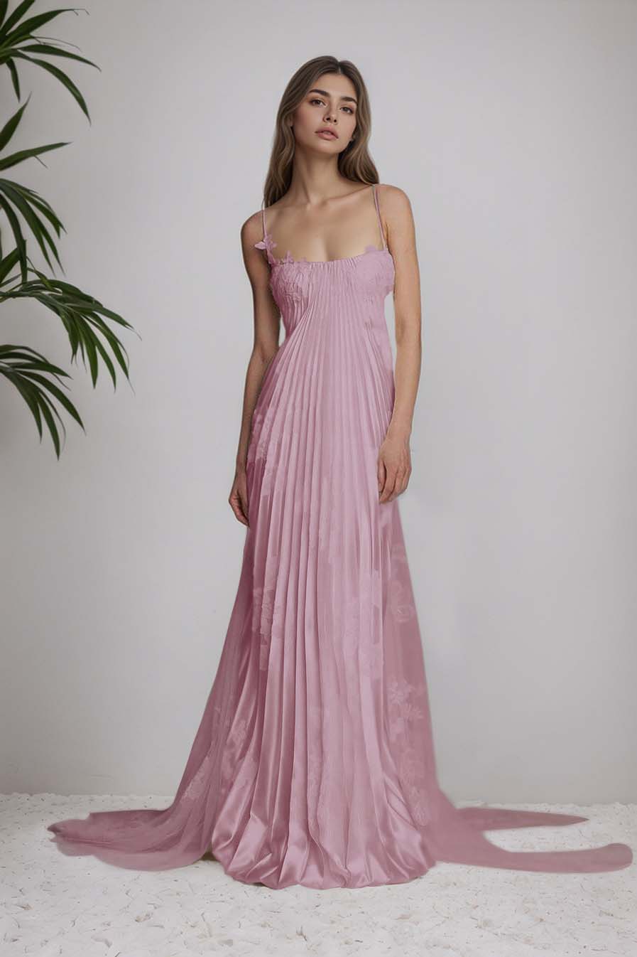 Stain Spaghetti Strap Sleeveless Long Prom Dress With Appliques