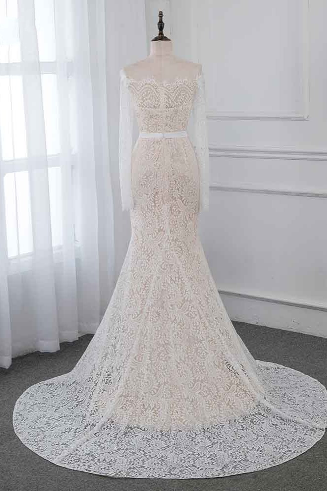 BMbridal Boho Off-the-Shoulder Champagne Wedding Dresses Long Sleeves Mermaid Appliques Bridal Gowns