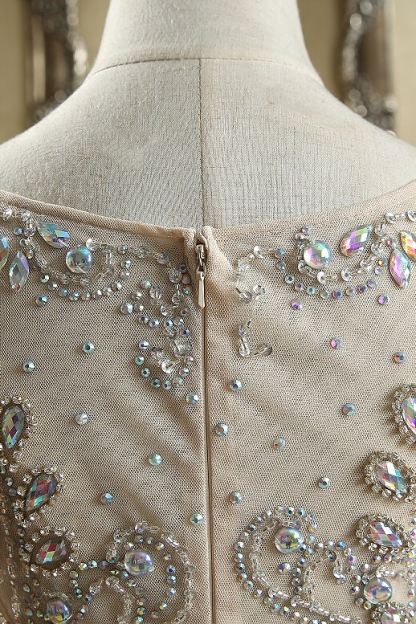 BMbridal Sexy Jewel Sleeveless Sheer Skirt Prom Dresses Champagne Mermaid Appliques Beadings Evening Dresses-BMbridal
