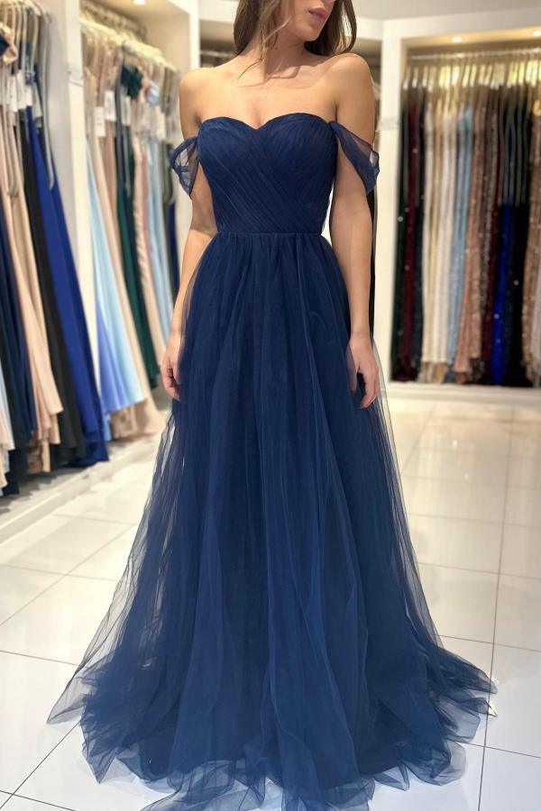 Bmbridal Dark Navy Tulle Prom Dress Long Off-the-Shoulder