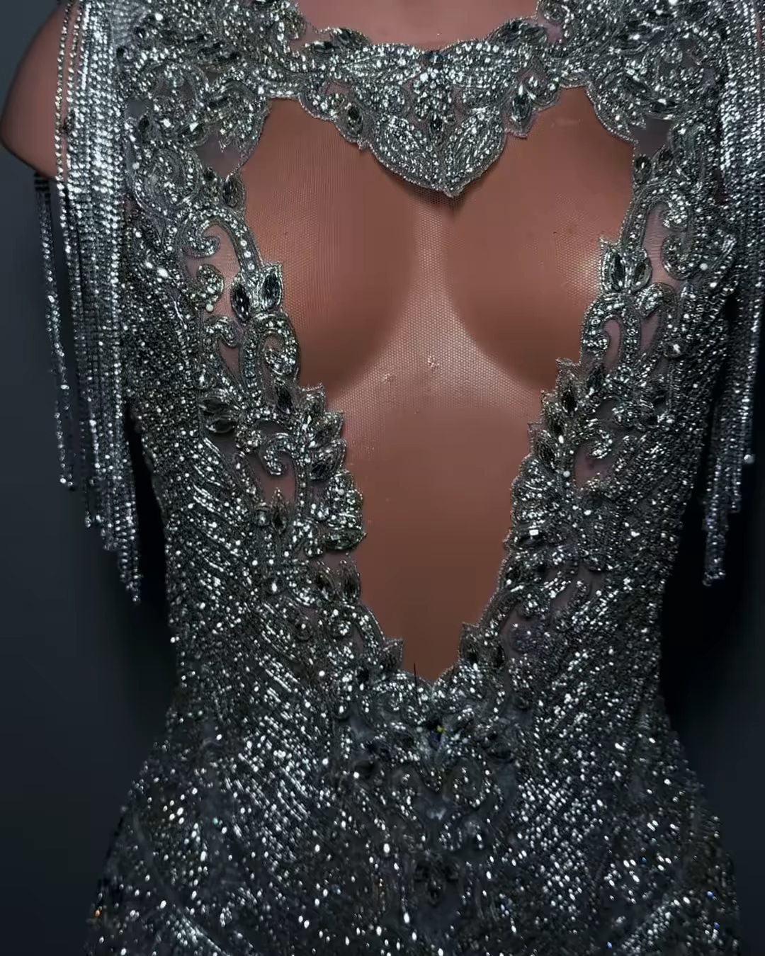 The Midnight Starlight - 2026 Silver Black Crystal Fringe Mermaid Gown: Plunging V-Neckline with Crystal Tassel Sleeves, Open Back & Cathedral Train