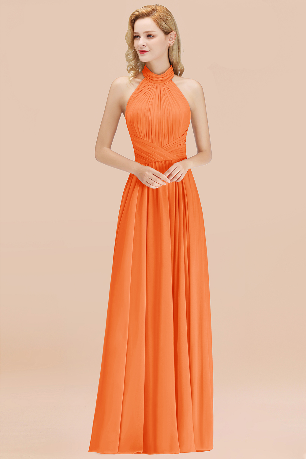 BMbridal Gorgeous High-Neck Halter Backless Bridesmaid Dress Dusty Rose Chiffon Maid of Honor Dress-BMbridal
