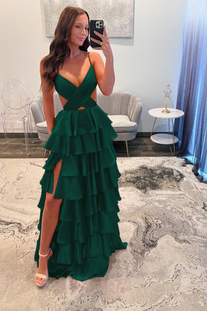 Spaghetti Strap Sleeveless Long Split Prom Dress With Ruffles