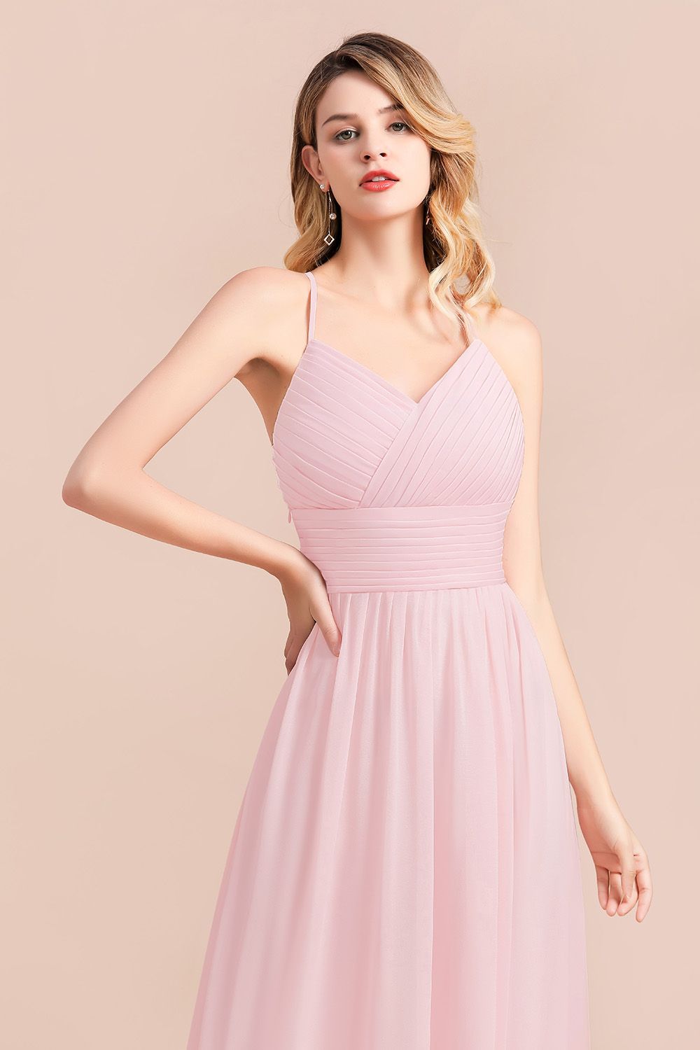 BMbridal Gorgeous Spaghetti Straps Ruffle Pink Chiffon Bridesmaid Dress Affordable-BMbridal