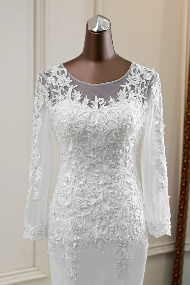 BMbridal Elegant Jewel Lace Mermaid White Wedding Dresses Long Sleeves Appliques Bridal Gowns