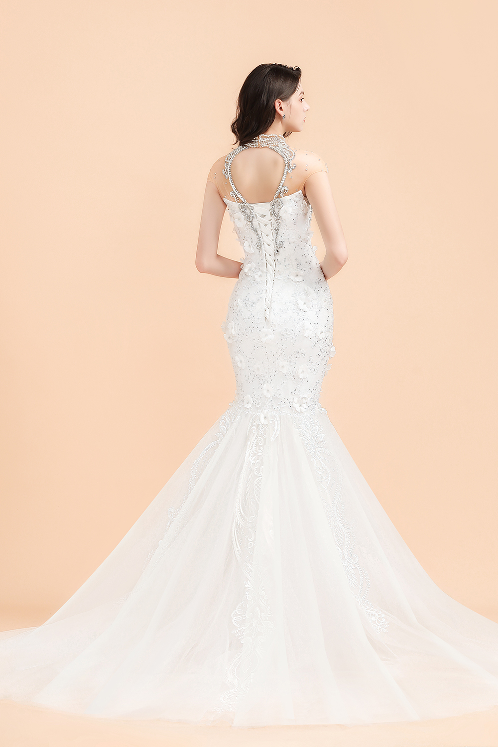BMbridal Luxury Mermaid Wedding Dress Tulle Lace Sequins Sleeveless Bridal Gowns with Pearls-BMbridal