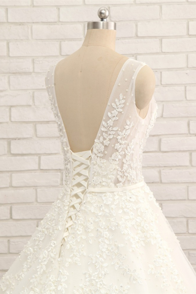BMbridal Gorgeous Straps Sleeveless White Wedding Dresses With Appliques A-line Tulle Ruffles Bridal Gowns Online-BMbridal