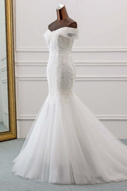 BMbridal Glamorous Tulle Lace Off-the-Shoulder White Mermaid Wedding Dresses Online