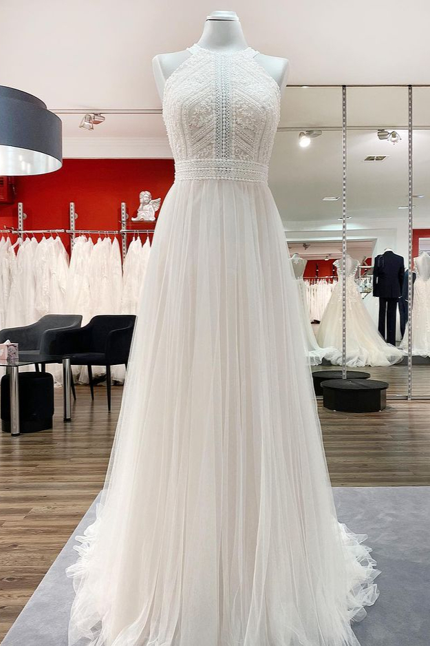 Vintage Long Halter Backless A-Line Wedding Dresses with Tulle Lace