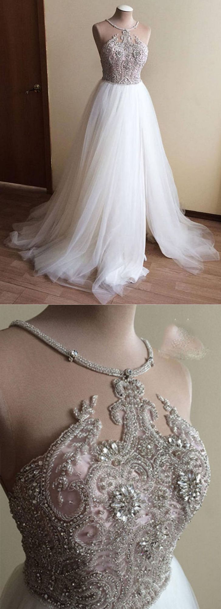 BMbridal Glamorous White Tulle Crystal Beaded Wedding Dress Halter Seeveless Bridal Gowns On Sale