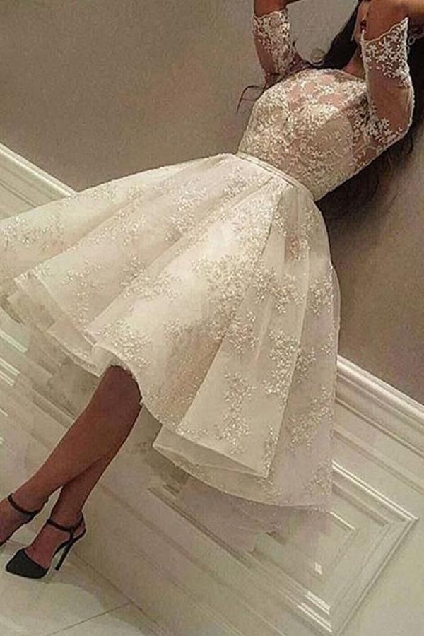 Beautiful Short A-Line Jewel Sleeves Wedding Dress with Tulle Lace