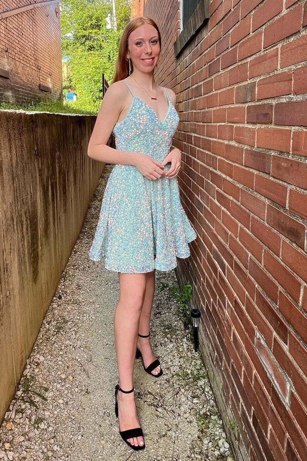 Light Blue A-Line Backless Sequins Homecoming Dress-BMbridal