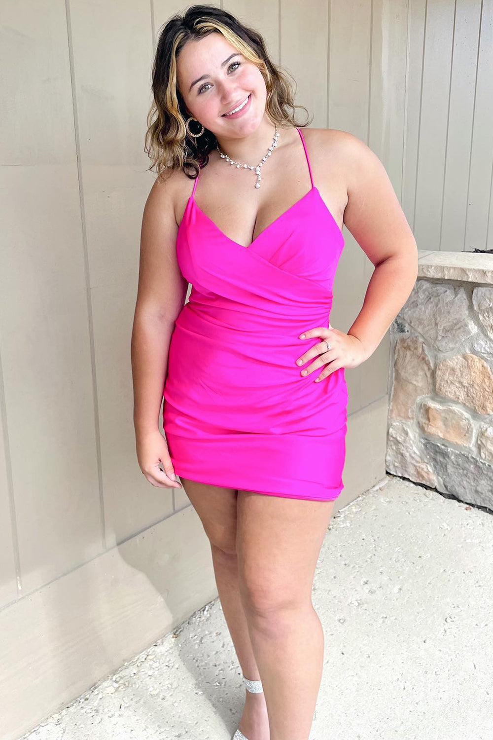 Simple Fuchsia Lace-Up Back Tight Short Homecoming Dress-BMbridal