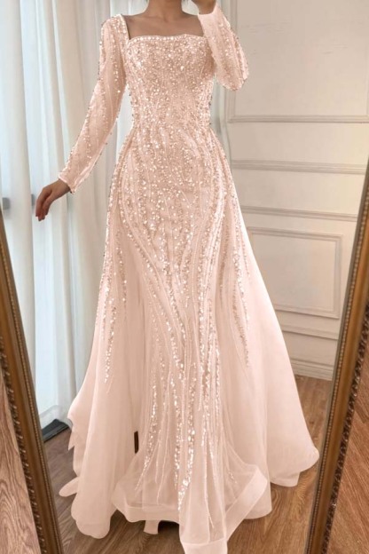 Square Neck Long Sleeves Long Mermaid Prom Dress With Beading Tulle