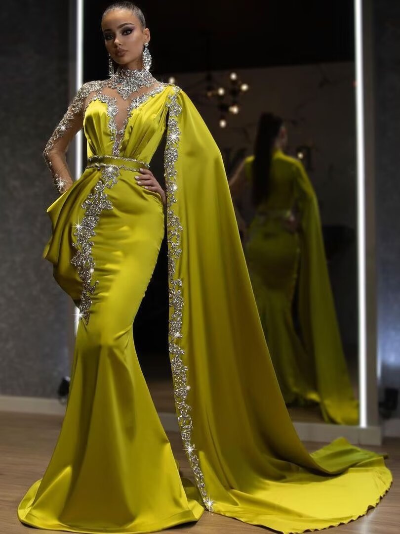 Shinning Yellow Bead Embroidery Mermaid Floor Length Prom Dress With Shawl