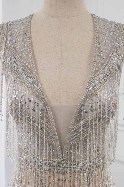 BMbridal Luxury V-Neck Silver Mermaid Prom Dresses with Crystals On Sale