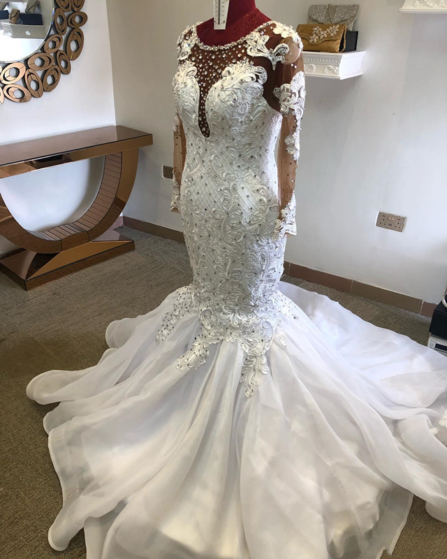 BMbridal Chic Jewel Mermaid Longsleeves Wedding Dresses White Lace Bridal Gowns With Appliques On Sale-BMbridal