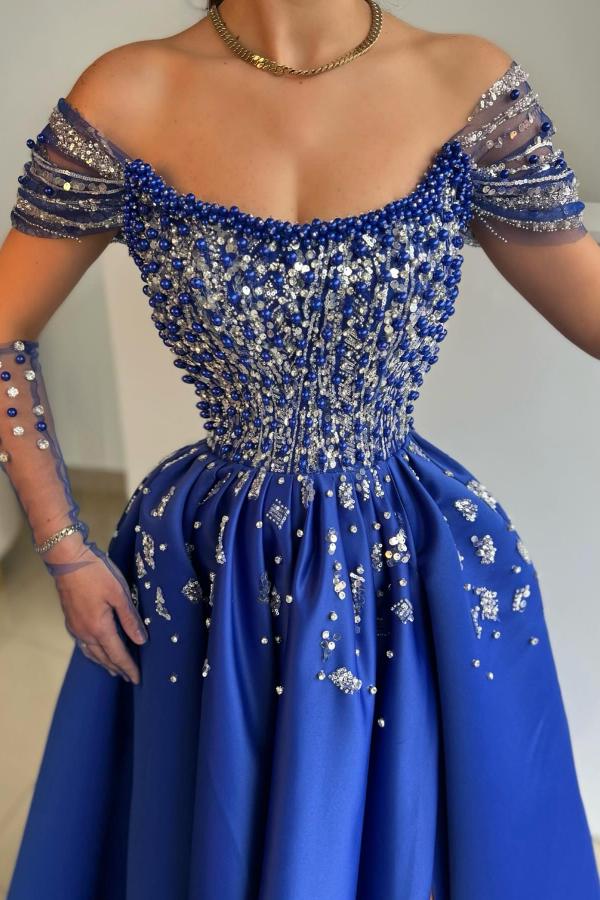 Deluxe Royal Blue Sequined A-Line Off-The-Shoulder Split Front Satin Prom Dresses with Beads-BMbridal