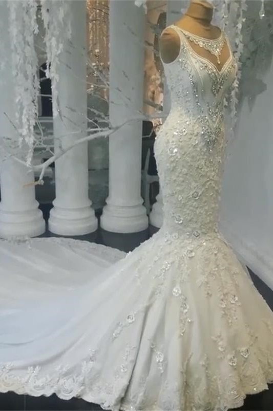 BMbridal Unique Jewel Sleeveless White Wedding Dresses Mermaid Lace Bridal Gowns With Appliques Online-BMbridal