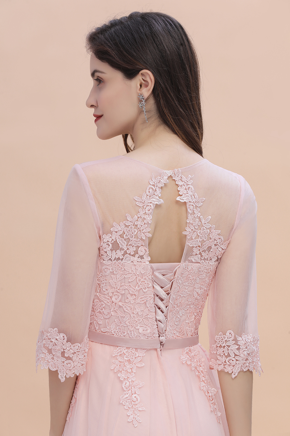 BMbridal Elegant V-neck Half Sleeves Lace Pink Bridesmaid Dress On Sale-BMbridal