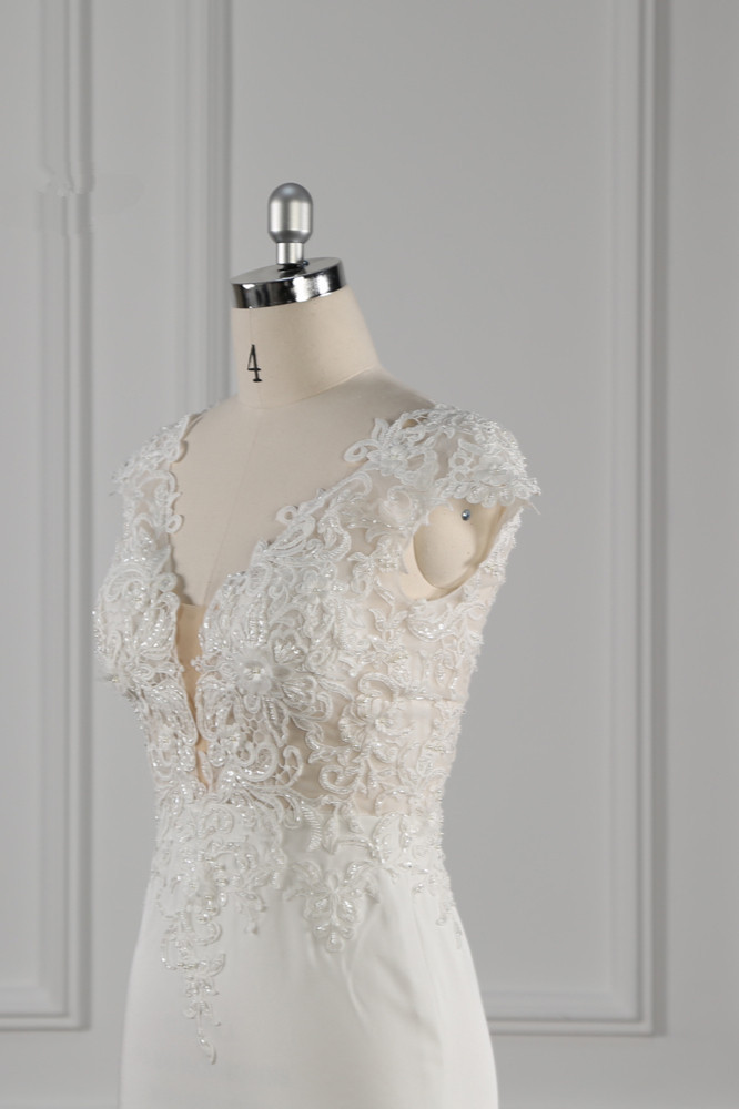 BMbridal Elegant V-neck Chiffon Lace Wedding Dress Beadings Appliques Mermaid Bridal Gowns Online-BMbridal