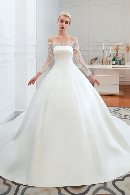 BMbridal Long Sleeve Off-the-Shoulder Satin Wedding Dress With Lace