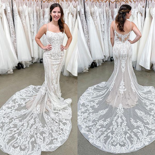 Bmbridal Spaghetti-Straps Lace Wedding Dress Mermaid Long-BMbridal
