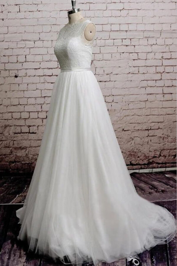 BMbridal Illusion Lace Tulle Chapel Train Wedding Dress Online-BMbridal