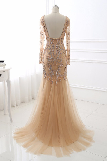 BMbridal Elegant Tulle Appliques Mermaid Prom Dresses V-Neck Sleeveless Rhinestones Party Dresses On Sale-BMbridal