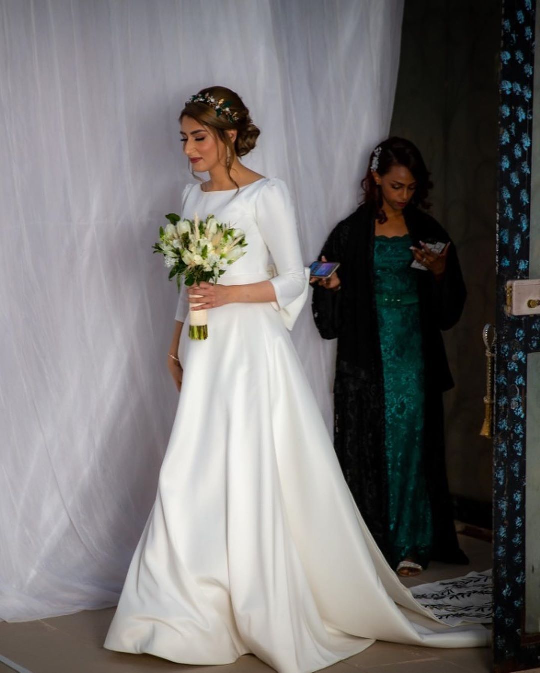 Classic Satin Long A-Line Bateau Wedding Dress with Sleeves