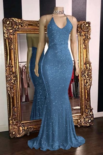 Glamorous Halter Neck Mermaid Sleeveless Red Long Prom Dress With Sequins