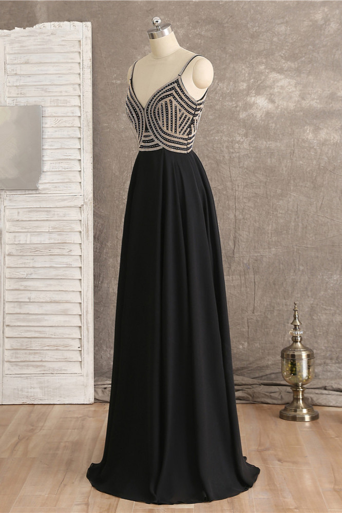 BMbridal Sexy Spaghetti Straps V-Neck Black Prom Dresses Sleeveless with Ruffles Beadings On Sale