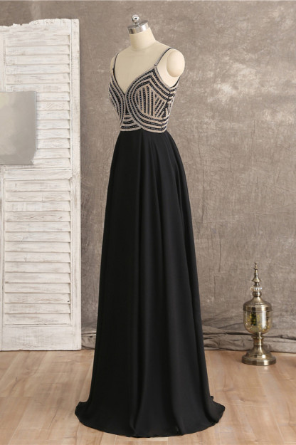 BMbridal Sexy Spaghetti Straps V-Neck Black Prom Dresses Sleeveless with Ruffles Beadings On Sale