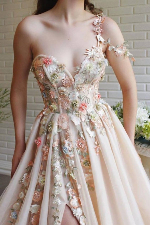 Bmbridal Fairy Flowers Applique Prom Dress Champagne Tulle With Slit-BMbridal