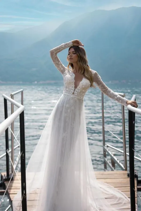 Classic Lace Backless Boho A-Line V-Neck Wedding Dress with Long Sleeves