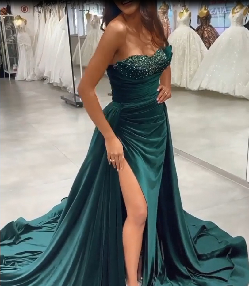 Dark Green Sequins Sleeveless Sweetheart Floor-length Split Front A-line Prom Dresses-BMbridal.com
