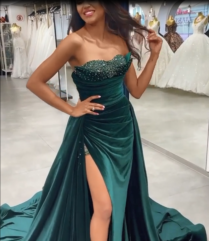Dark Green Sequins Sleeveless Sweetheart Floor-length Split Front A-line Prom Dresses-BMbridal.com