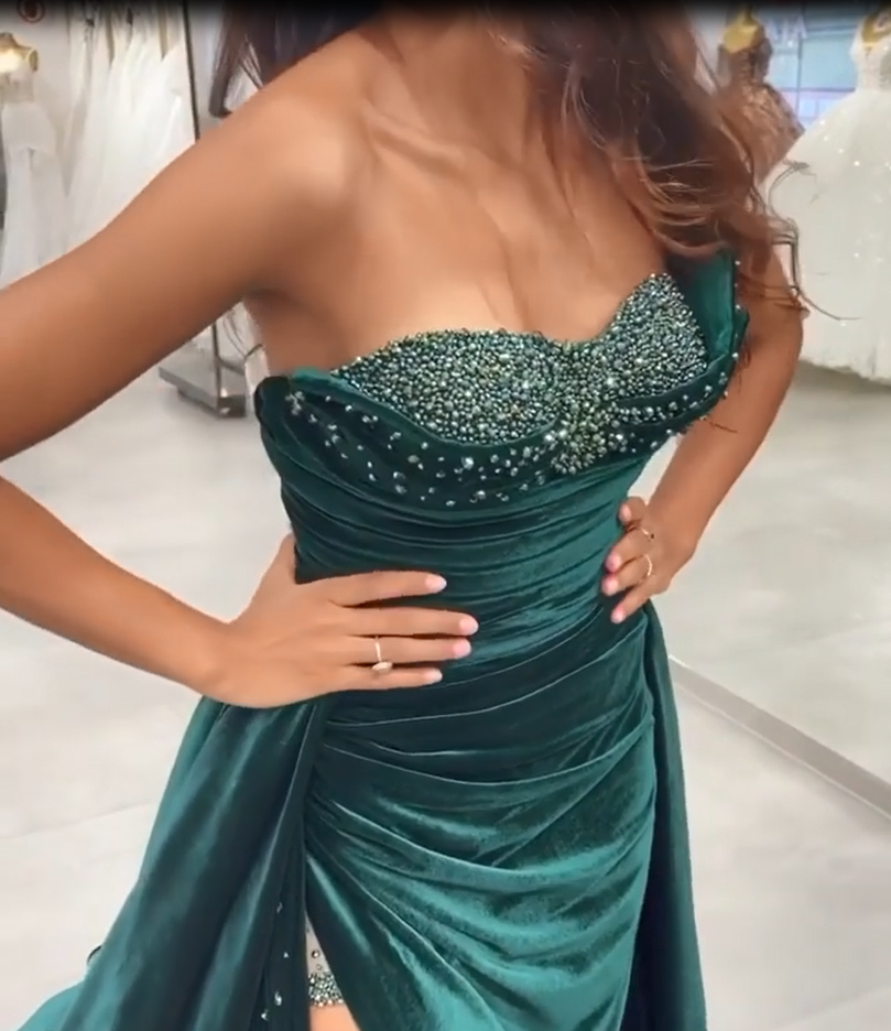 Dark Green Sequins Sleeveless Sweetheart Floor-length Split Front A-line Prom Dresses-BMbridal.com
