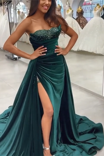 Dark Green Sequins Sleeveless Sweetheart Floor-length Split Front A-line Prom Dresses-BMbridal.com