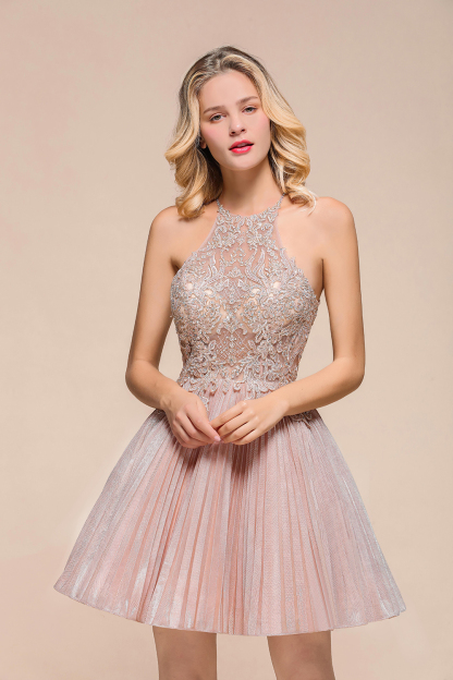 BMbridal Lovely Halter Lace Short Prom Dress Sleeveless Mini Party Gowns