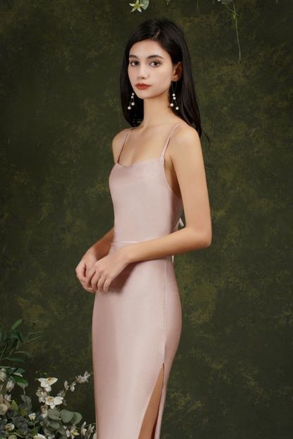 BMbridal Spaghetti-Straps Dusty Pink Bridesmaid Dress Long With Split