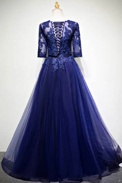 BMbridal Elegant Jewel Dark Navy Tulle Ruffle Prom Dresses Long Sleeves Appliques Formal Dresses with Rhinestones-BMbridal
