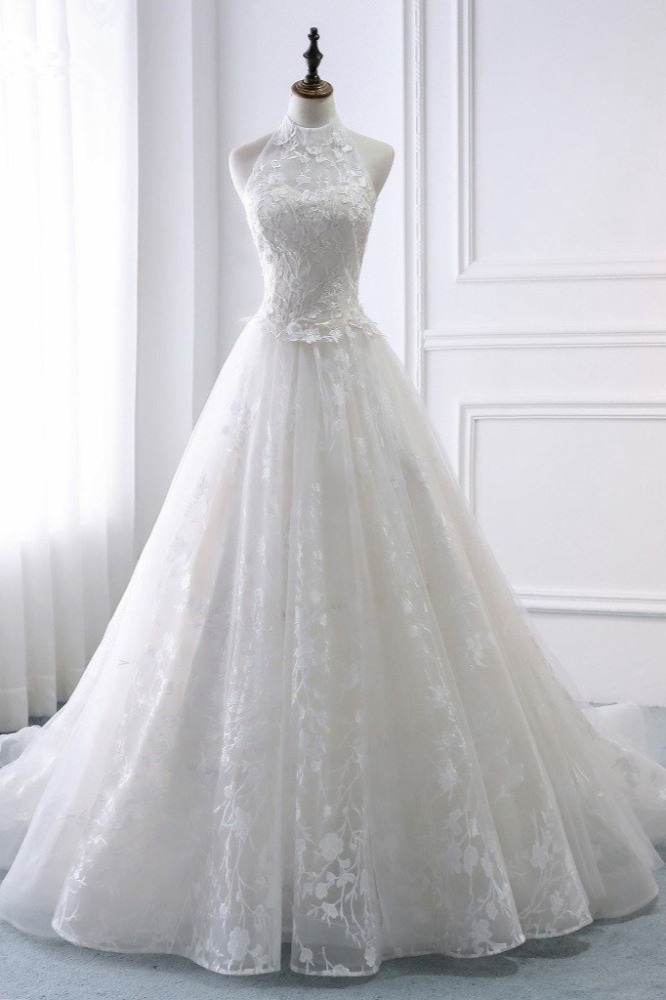 BMbridal Elegant A-Line Halter Tulle White Wedding Dress Sleeveless Appliques Bridal Gowns On Sale-BMbridal