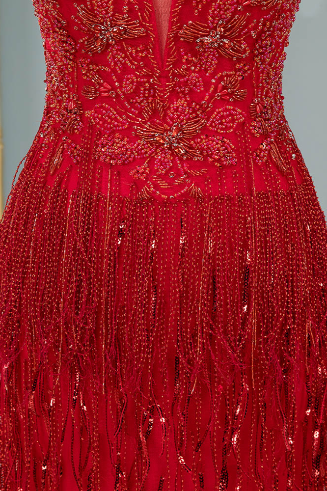 BMbridal Chic Tulle Straps V-Neck Burgundy Prom Dresses with Rhinestone Appliques Online